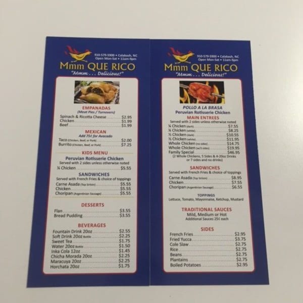 A menu for MMM Que Rico, featuring Latin-American dishes like empanadas and pollo a la brasa.