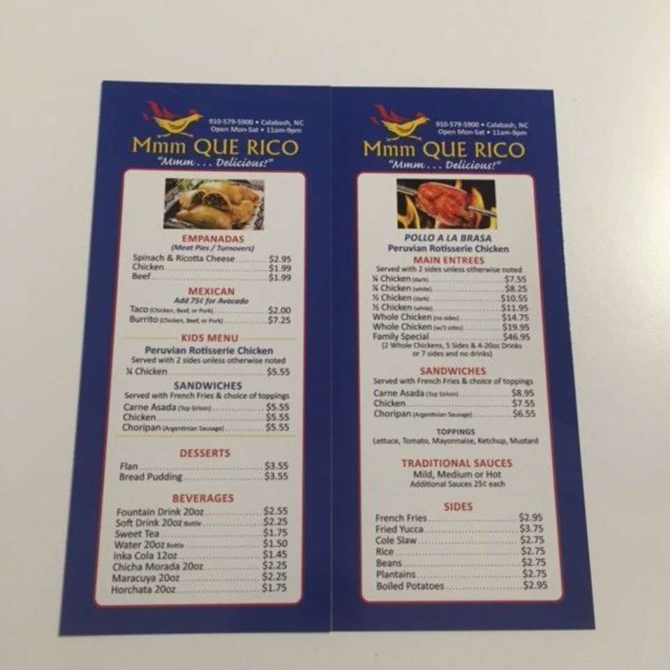 A menu for MMM Que Rico, featuring Latin-American dishes like empanadas and pollo a la brasa.